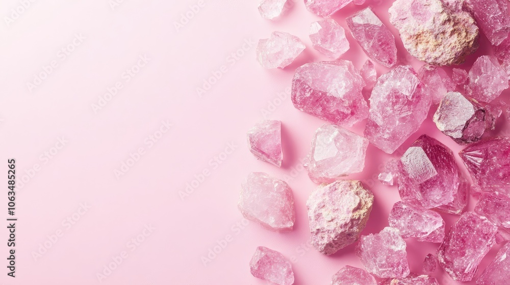 Fototapeta premium Odorless minerals arranged on a pink or white background highlight a minimalistic selfie style, conveying a personal story of illness with ample copy space for text.