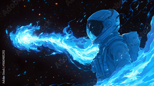 Creatively Captured Moment of a Pyromaniac Utilizing a Flamethrower with Blue Flames Against an Abstract Black Background