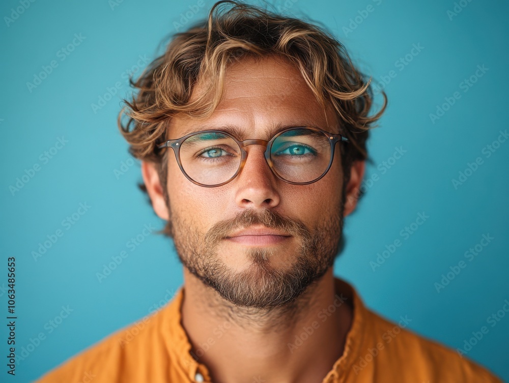 A portrait of an individual with curly hair and glasses against a teal background, wearing a yellow shirt, projecting a calm and focused expression. A portrait of an individual with curly hair and glasses against a teal background, wearing a yellow shirt, projecting a calm and focused expression.