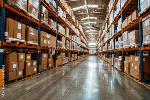 Spacious warehouse corridor flanked by pallets and an industrial refrigerator for product storage