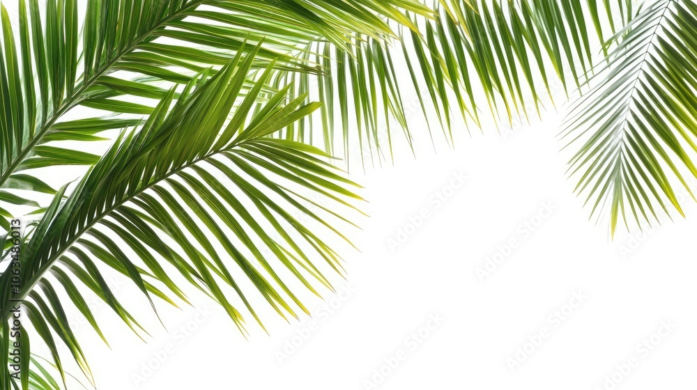 Naklejka premium Vibrant green palm leaves isolated on white background highlight the beauty of nature. This image captures vibrant green palm leaves, perfect for various applications with ample copy space.