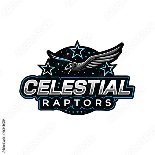 Design a logo for a space exploration company featuring celestial raptors in a cosmic setting. The logo should have a modern, sleek aesthetic with a powerful presence.