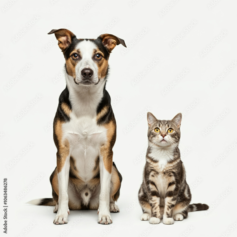 full-body image of a dog and a cat standing side by side on a transparent background, both looking up in the same direction with focused, curious expressions full-body image of a dog and a cat standing side by side on a transparent background, both looking up in the same direction with focused, curious expressions