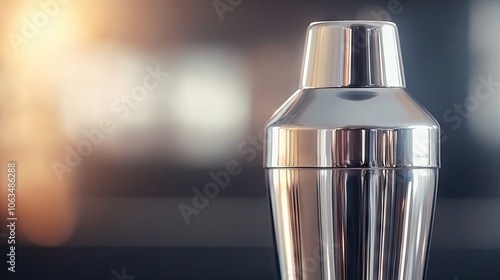 Close-up of a cocktail shaker set against a blurred background, perfect for emphasizing the cocktail shakers sleek design. Ample copy space available for creative use. photo