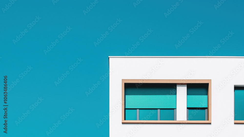 Modern white building with turquoise windows against clear blue sky, showcasing minimalist architectural design that evokes sense of tranquility and simplicity Modern white building with turquoise windows against clear blue sky, showcasing minimalist architectural design that evokes sense of tranquility and simplicity