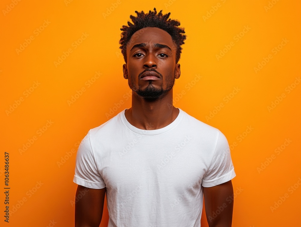 A man with a confused expression stands against a bright orange background, wearing a plain white t-shirt. The image is vibrant and colorful. A man with a confused expression stands against a bright orange background, wearing a plain white t-shirt. The image is vibrant and colorful.