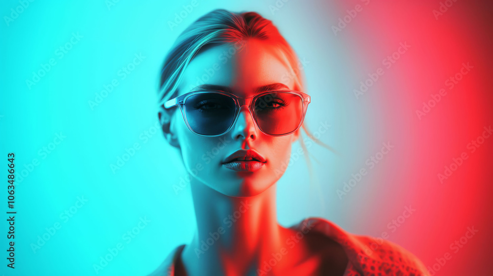 A woman wearing sunglasses with a red and blue background A woman wearing sunglasses with a red and blue background