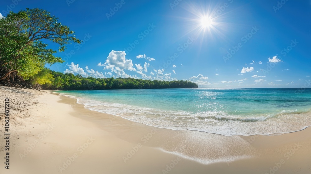 Panoramic view of a sandy beach illuminated by bright sunshine, capturing the essence of a serene coastal paradise, perfect for relaxation and enjoyment with ample copy space.