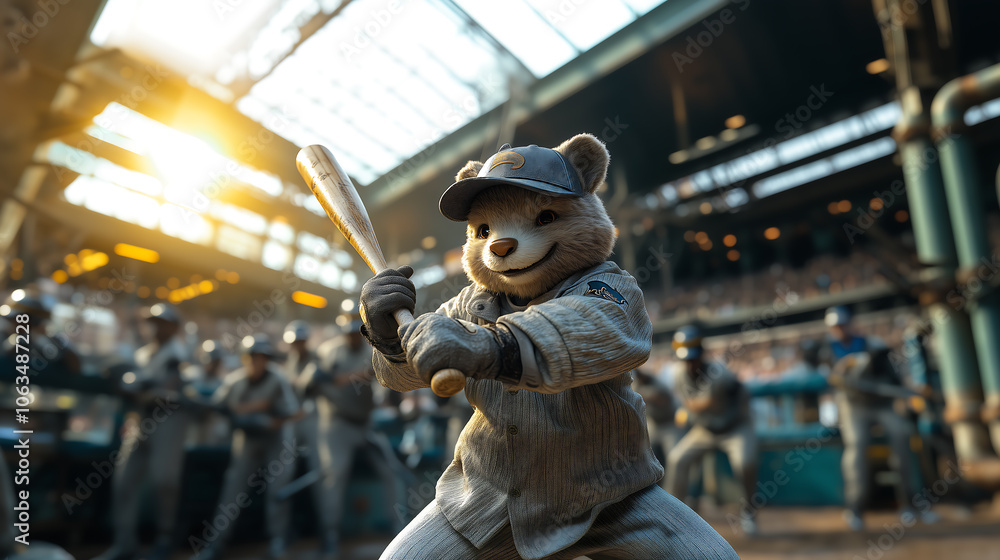 character mascot in baseball attire, swinging a bat mid-action on an expansive, modern baseball field, with cool studio lighting character mascot in baseball attire, swinging a bat mid-action on an expansive, modern baseball field, with cool studio lighting