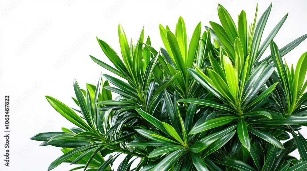 Obraz premium Vibrant green Podocarpus plant isolated on a white background, highlighting the fresh foliage and unique texture of the Podocarpus leaves, perfect for various design needs with copy space.