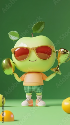 
cute chibbi 3d blender apple character wearing gangster meme sunglasses holding a champion trophy  photo