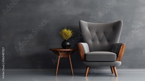 interior design concept armchair with gray upholstery coffee table with wooden surface on gray wall background 