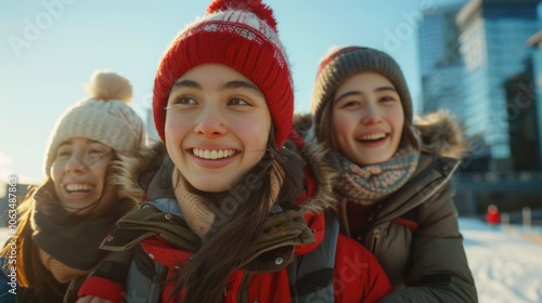 Three cheerful female friends, bundled in winter clothing, are joyfully walking outdoors in a sunlit urban setting with high-rise buildings in the background.