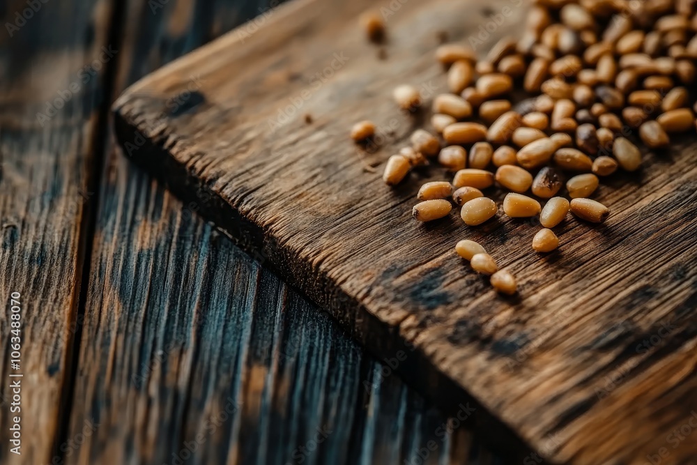 Pine nuts scattered on a rustic wooden cutting board in a cozy kitchen setting Pine nuts scattered on a rustic wooden cutting board in a cozy kitchen setting