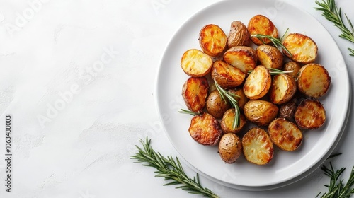 Wallpaper Mural Roasted potatoes with rosemary beautifully arranged on a white plate, capturing the essence of comfort food. This image of roasted potatoes allows for creative copy space. Torontodigital.ca
