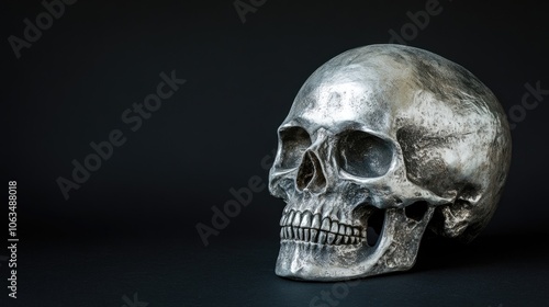 A silver skull embodies the concept of death, representing a dying head against a black background. This gravestone and Halloween symbol create a striking visual with ample copy space.