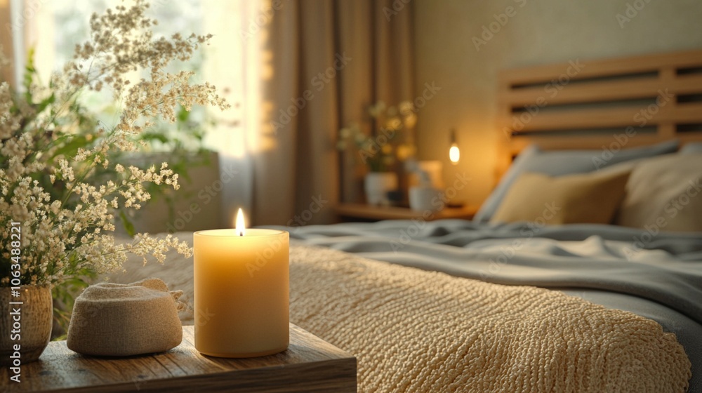 A lit scented candle adds warmth to a modern bedroom, positioned in front of a stylishly made bed. A lit scented candle adds warmth to a modern bedroom, positioned in front of a stylishly made bed.