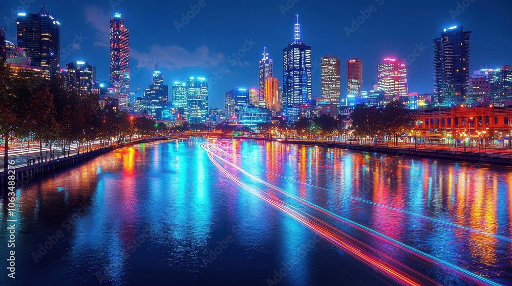 Naklejka premium Night Cityscape with River and Light Trails