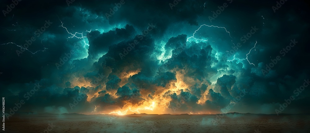 A dramatic sunset displays vibrant blues and fiery oranges illuminating a stormy sky with dark clouds and flashes of lightning above a tranquil landscape.