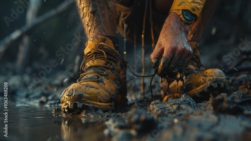 A close-up shot of an athlete tying laces on rugged, muddy shoes, highlighting determination. The scene conveys adventure and resilience in a natural setting. photo