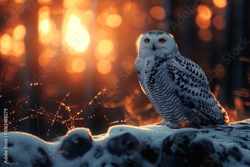 A serene white owl perched on a branch amidst a snow covered dark forest landscape