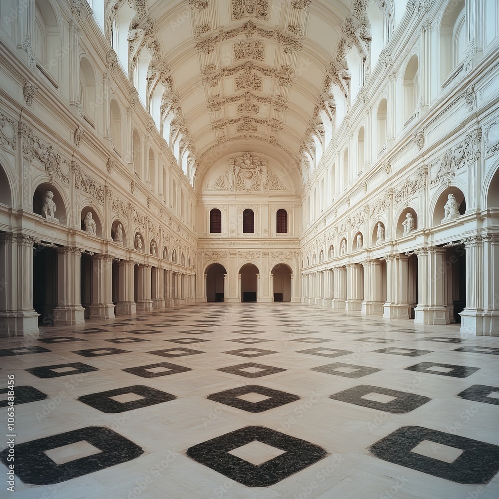Obraz premium Grand architectural hall with ornate details and patterned flooring.