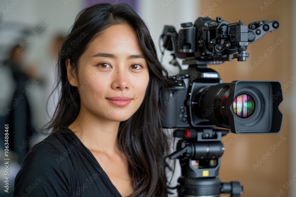 A young female photographer standing beside a DSLR camera, ready to capture moments. The focus is on her equipment and professional demeanor. A young female photographer standing beside a DSLR camera, ready to capture moments. The focus is on her equipment and professional demeanor.