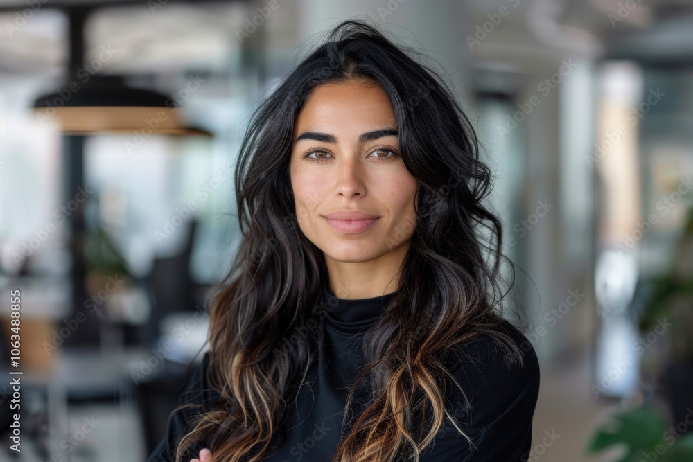 A confident businesswoman with long dark hair smiles warmly in a modern, well-lit office setting. A confident businesswoman with long dark hair smiles warmly in a modern, well-lit office setting.