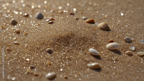 A close-up of a sandy beach with small shells scattered across the surface, glistening under natural sunlight