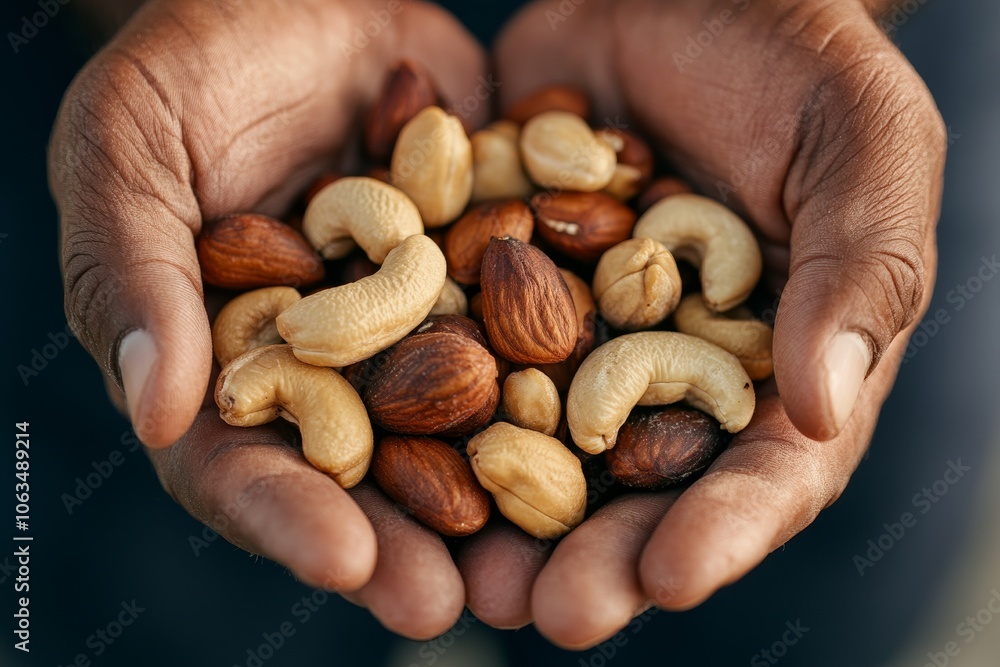 Hands holding a variety of mixed nuts, showcasing healthy snacks at a local market during the afternoon Hands holding a variety of mixed nuts, showcasing healthy snacks at a local market during the afternoon