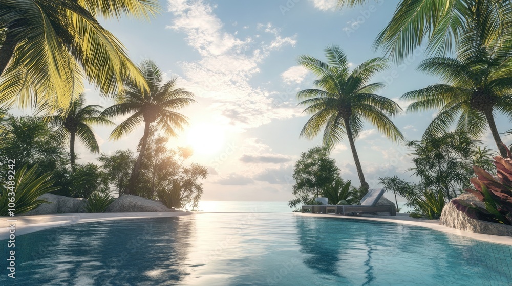 Tropical paradise resort highlights palm trees and a refreshing swimming pool, providing a tranquil retreat. This tropical paradise resort offers ample copy space for design needs. Tropical paradise resort highlights palm trees and a refreshing swimming pool, providing a tranquil retreat. This tropical paradise resort offers ample copy space for design needs.