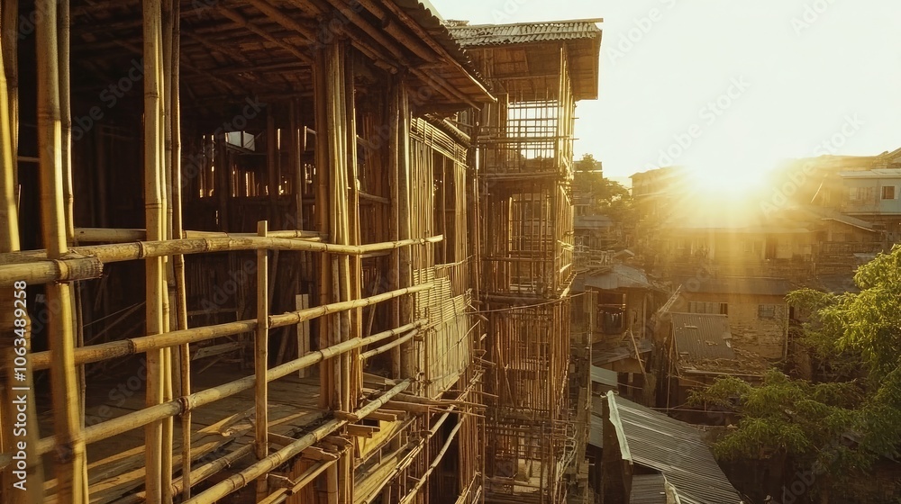 Obraz premium Bamboo house construction taking place in bright sunlight, highlighting the intricate details of bamboo craftsmanship. The bamboo house offers ample space for creativity and development.