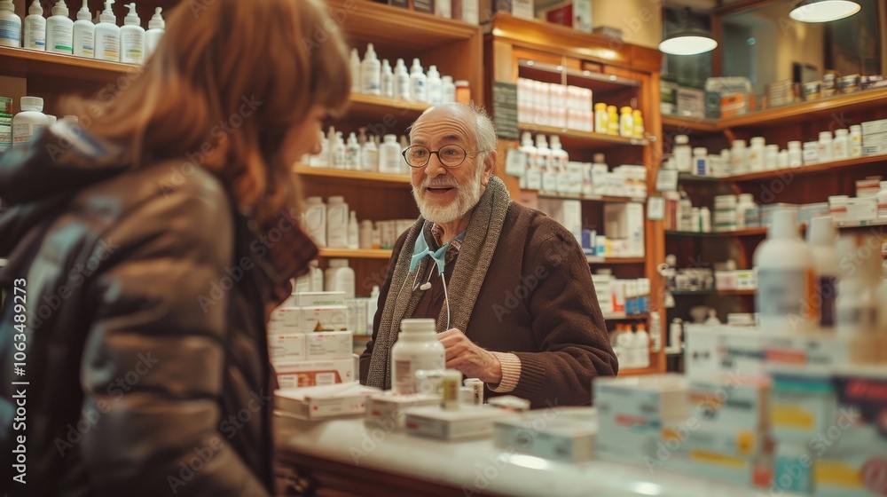 A mature pharmacist assists a patient at the counter, surrounded by shelves of medication in a cozy pharmacy setting. A mature pharmacist assists a patient at the counter, surrounded by shelves of medication in a cozy pharmacy setting.