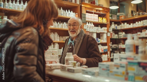 A mature pharmacist assists a patient at the counter, surrounded by shelves of medication in a cozy pharmacy setting.