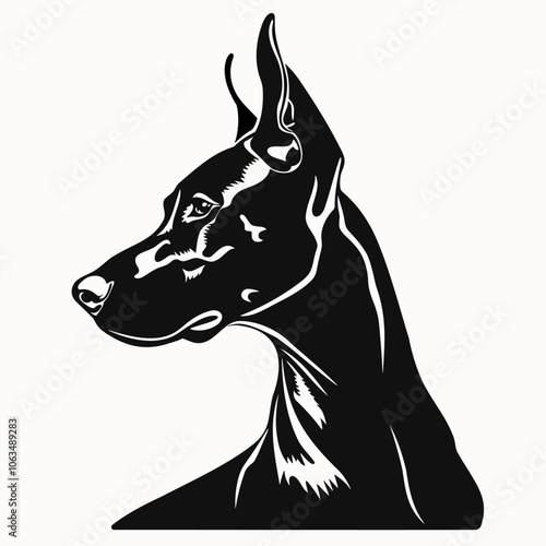Silhouette Doberman dog isolated on background. Black and white pet portrait for design logo, print, icon