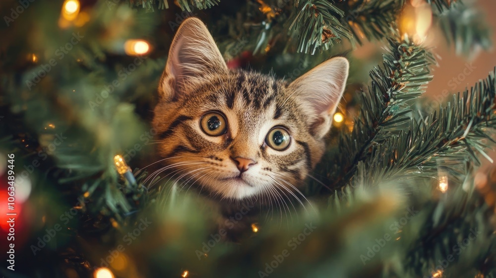 Obraz premium Adorable tabby cat surrounded by a festive Christmas tree, capturing the charm of a cozy holiday atmosphere. This adorable tabby cat adds joy to the Christmas scene with ample copy space.