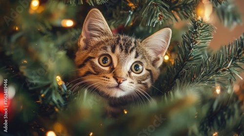 Adorable tabby cat surrounded by a festive Christmas tree, capturing the charm of a cozy holiday atmosphere. This adorable tabby cat adds joy to the Christmas scene with ample copy space.