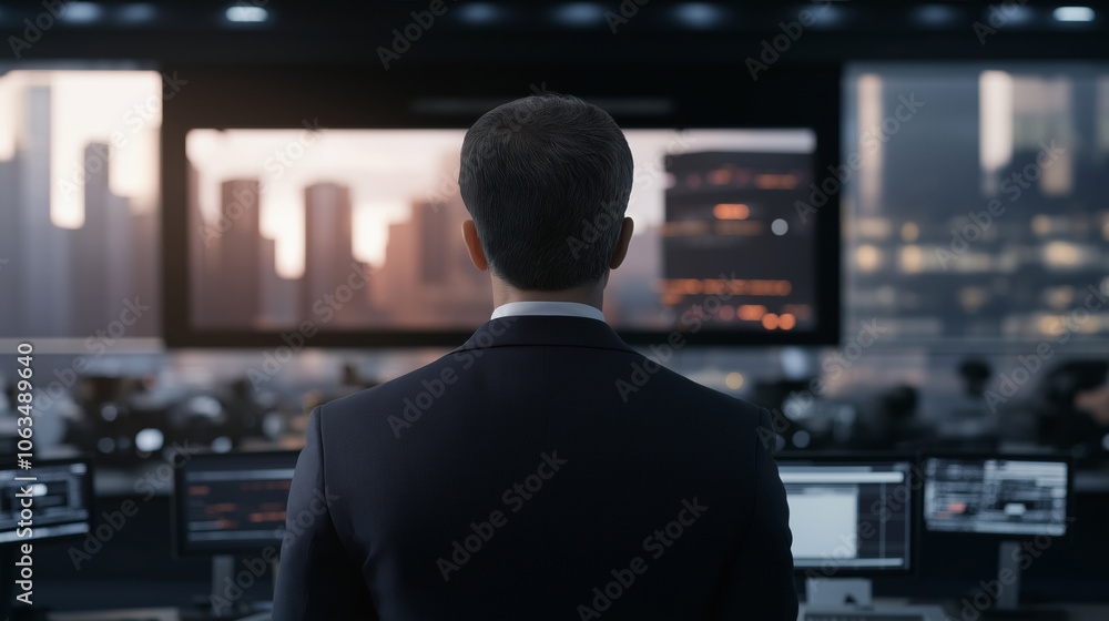 Man in business attire observes city skyline from a modern office in the evening, surrounded by high-tech screens and monitors. Man in business attire observes city skyline from a modern office in the evening, surrounded by high-tech screens and monitors.