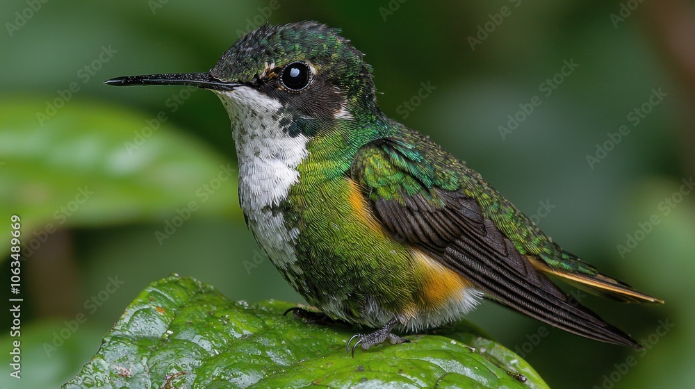 Fototapeta premium Green and White Hummingbird Perched on a Leaf in a Rainforest