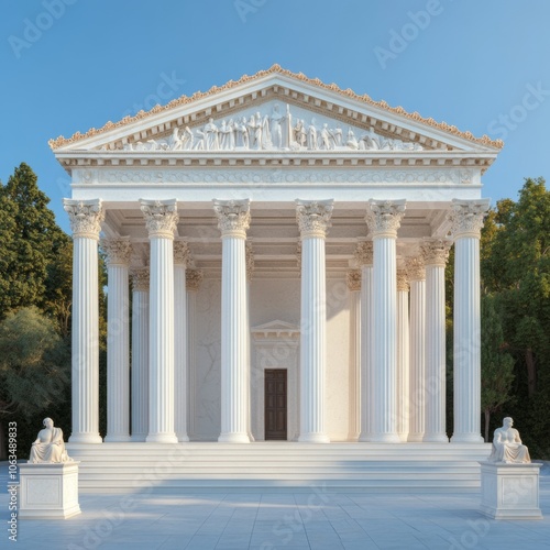 A classical temple with columns and sculptures, symbolizing ancient architecture.