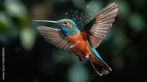 Vibrant Hummingbird in Flight with Water Droplets Colorful Bird Nature Photography