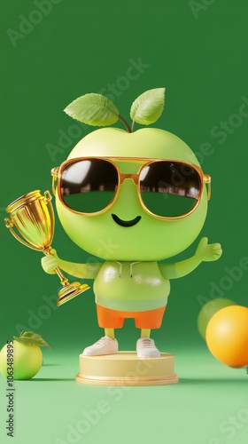 
cute chibbi 3d blender apple character wearing gangster meme sunglasses holding a champion trophy  photo