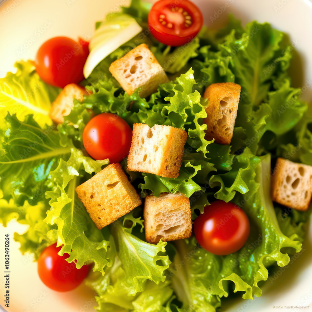 A salad with lettuce, tomatoes, and croutons A salad with lettuce, tomatoes, and croutons