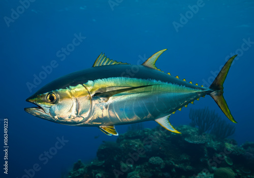 Wild yellowfin Tuna swimming in the blue underwater