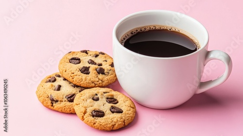 Overwhelming image of a white cup filled with black coffee alongside cookies, set against a pink studio background. The composition emphasizes the delightful coffee and cookies.