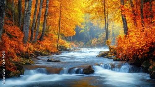 Vibrant autumn mountain river landscape filled with colorful trees, capturing the essence of fall. This photo of an autumn mountain river includes ample copy space for design purposes. photo