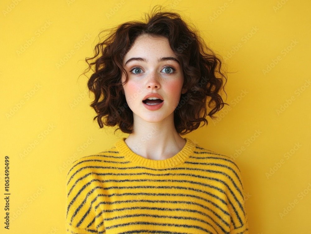 A young woman with curly hair looks surprised against a vibrant yellow background, wearing a striped yellow and black sweater. A young woman with curly hair looks surprised against a vibrant yellow background, wearing a striped yellow and black sweater.