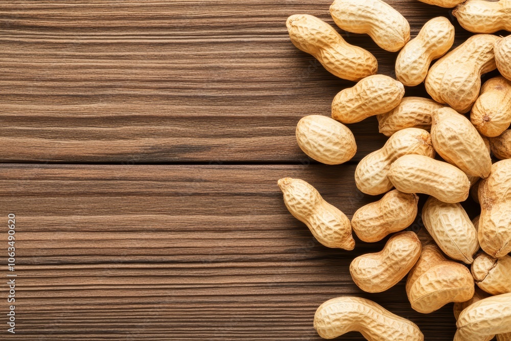 Shelled peanuts scattered on wooden surface showcasing natural textures and earthy tones in a kitchen setting Shelled peanuts scattered on wooden surface showcasing natural textures and earthy tones in a kitchen setting