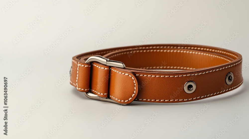 A brown leather belt with a silver buckle, showcasing craftsmanship and design. A brown leather belt with a silver buckle, showcasing craftsmanship and design.