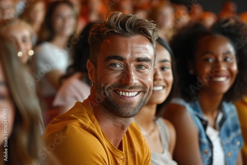 A group of cheerful businesspeople sitting together during a presentation, exuding a positive and friendly atmosphere.